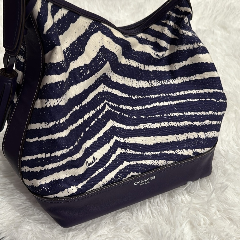 Coach Legacy Zebra Print Leather Trim Duffel Shoulder Bag in SV/Marine - Picture 2 of 16